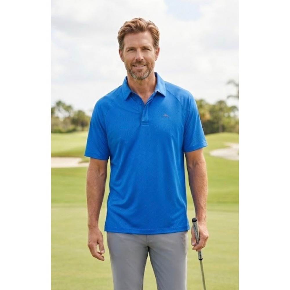 Tommy Bahama IslandZone Mens XLT Blue Micro Dot Performance Polo Shirt Raglan